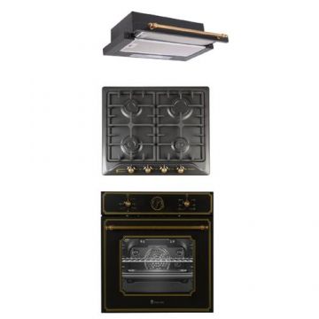 Pachet incorporabil cuptor electric , plita gaz si hota telescopica Studio Casa Toscana Retro Black Rustic, Clasa A, Gratare fonta, Negru