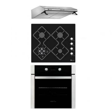 Pachet incorporabil Deluxe Glass Studio Casa, Cuptor electric, plita gaz sticla si hota clasica inox , Clasa energetica A, Termostat, 56 l, 4 arzatoare gaz, Gratare fonta, 2 motoare, Negru/Inox