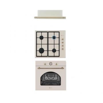Pachet rustic incorporabil Dolce Trio Crema Vintage, Studio Casa, Cuptor electric + plita gaz + hota telescopica incorporabila, Clasa energetica A, 6 functii, Grill, Ventilator, Gratare fonta, Crem