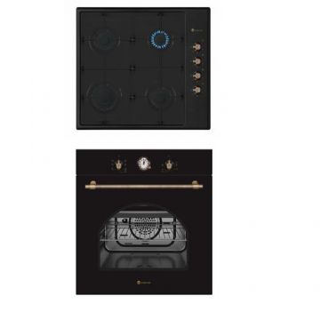 Pachet rustic incorporabil Studio Casa Dolce Vita Nero cuptor electric si plita gaz, Clasa energetica A, 6 functii, Grill, Ventilator, Gratare fonta (Negru)