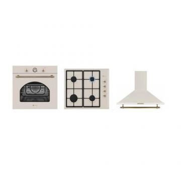 Pachet rustic incorporabil Trio Dolce Vita Vintage cuptor electric, plita gaz si hota, Studio Casa, Clasa energetica A, 6 functii, Grill, Ventilator, Gratare fonta, Crem