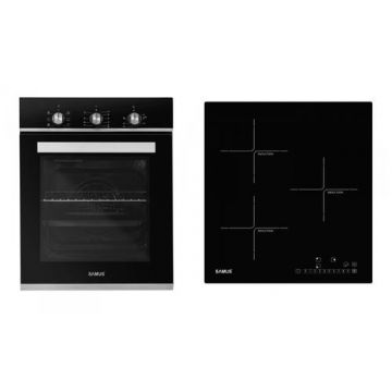 Pachet Samus-45-B16 Cuptor incorporabil Samus SC457GTBV, 43 L, 1900 W, 6 functii, Ventilator, Grill, Clasa energetica A, Timer mecanic + Plita incorporabila inductie Samus PSI-43BG1, 5800 W, 3 zone de gatit, Touch control (Negru/Inox)