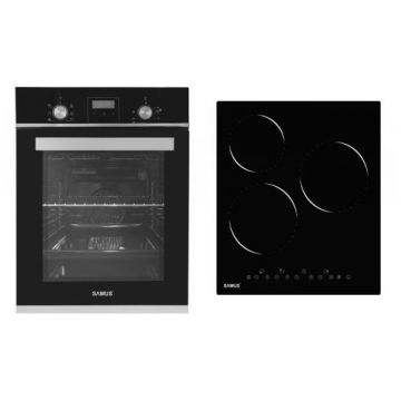 Pachet Samus-45-B17 Cuptor incorporabil Samus SCE459GTBV, 1900 W, 43 l, 6 functii, Clasa A, Grill, Timer, Ventilatie + Plita incorporabila vitroceramica Samus PSVE-43BG2, 4800 W, 3 zone de gatit (Negru/Inox)
