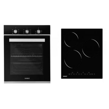 Pachet Samus 45-B18 Cuptor incorporabil Samus SC457GTBV, 43 L, 1900 W, 6 functii, Ventilator, Grill + Plita incorporabila vitroceramica Samus PSVE-43BG2, 4800 W, 3 zone de gatit (Negru/Inox)