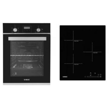 Pachet Samus 45-B19 Cuptor incorporabil Samus SCE459GTBV, 1900 W, 43 l, 6 functii, Latime 45 cm, Clasa energetica A, Grill, Timer + Plita incorporabila inductie Samus PSI-43BG1, 5800 W, 3 zone de gatit (Negru/Inox)
