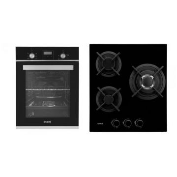 Pachet Samus 45-B4 Cuptor incorporabil Samus SCE459GTBV, 1900 W, 43 l, 6 functii, Clasa  A + Plita incorporabila Samus PSG-43SG1, 3 arzatoare pe gaz, panou de control, Sticla (Negru)
