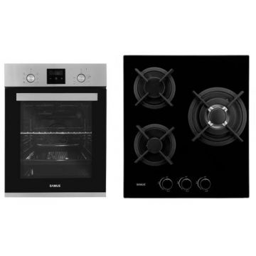 Pachet Samus 45-XB3 Cuptor incorporabil Samus SCE458GTXV, 1900 W, 43 l, 6 functii, Clasa A, Grill, Timer, Ventilator + Plita incorporabila Samus PSG-43SG1, 3 arzatoare pe gaz, panou de control, Sticla (Negru)