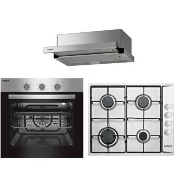 Pachet Samus ONL2 Cuptor incorporabil Samus SC616GTXV, Electric, 56 L, 5 functii + Plita incorporabila Samus PSG-64SX, 4 Arzatoare, Gaz, Sistem de siguranta + Hota telescopica Samus HS6030TX, 300 m3/h, 60 cm latime (Inox)