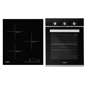 Samus Pachet Samus-45-B16 Cuptor incorporabil Samus SC457GTBV, 43 L, 1900 W, 6 functii, Ventilator, Grill, Clasa energetica A, Timer mecanic + Plita incorporabila inductie Samus PSI-43BG1, 5800 W, 3 zone de gatit, Touch control, Negru/Inox