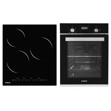 Samus Pachet Samus-45-B17 Cuptor incorporabil Samus SCE459GTBV, 1900 W, 43 l, 6 functii, Clasa A, Grill, Timer, Ventilatie + Plita incorporabila vitroceramica Samus PSVE-43BG2, 4800 W, 3 zone de gatit, Negru/Inox