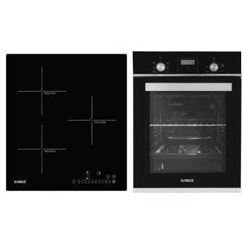 Samus Pachet Samus 45-B19 Cuptor incorporabil Samus SCE459GTBV, 1900 W, 43 l, 6 functii, Latime 45 cm, Clasa energetica A, Grill, Timer + Plita incorporabila inductie Samus PSI-43BG1, 5800 W, 3 zone de gatit, Negru/Inox
