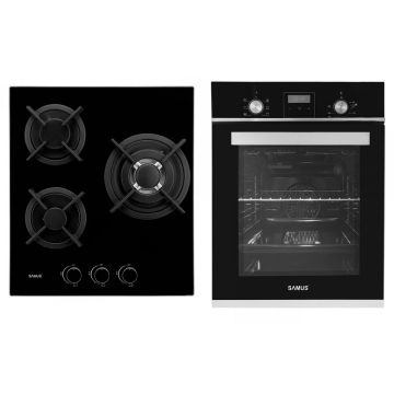 Samus Pachet Samus 45-B4 Cuptor incorporabil Samus SCE459GTBV, 1900 W, 43 l, 6 functii, Clasa A + Plita incorporabila Samus PSG-43SG1, 3 arzatoare pe gaz, panou de control, Sticla, Negru