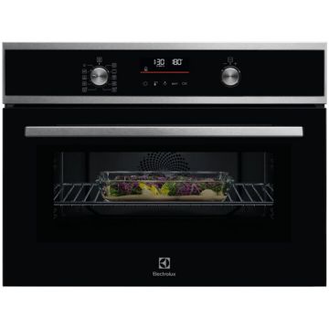 Electrolux Cuptor incorporabil Electrolux EVL6E49X, Electric, 44 l, Functie microunda 1000 W, Butoane retractabile, Afisaj digital, Usa cu 3 straturi de geam, Grill, 1 tava emailata, 1 gratar, Inox/Negru