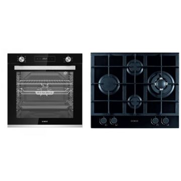 Samus Cuptor incorporabil Samus SCE827GCF, 80 l, 2500 W, 7 Functii + Plita incorporabila Samus PSG-64SG2, Gaz, 4 arzatoare, Arzator WOK, Aprindere electrica, Negru