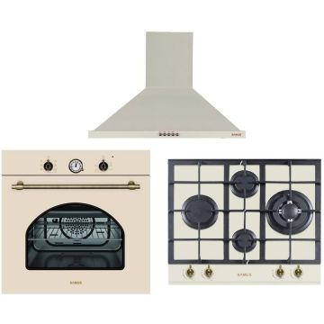 Samus Pachet Samus Cuptor incorporabil Samus SC620VTV, Electric 58 L + Plita incorporabila Samus PSG-64VG1, Gaz, 4 arzatoare, Arzator WOK, Aprindere electrica + Hota decorativa Samus HS604DHR, 400 m3/h, 166 W, 60 cm latime, Bej