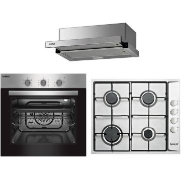 Samus Pachet Samus ONL2 Cuptor incorporabil Samus SC616GTXV, Electric, 56 L, 5 functii + Plita incorporabila Samus PSG-64SX, 4 Arzatoare, Gaz, Sistem de siguranta + Hota telescopica Samus HS6030TX, 300 m3/h, 60 cm latime, Inox