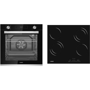 Samus Pachet Samus ONL26 Cuptor Incorporabil Samus SC8180BGTV3D, 80 l, 8 Functii + Gatire 3D, 2500 W, Grill, Ventilator, Clasa A, Timer + Plita incorporabila Samus PSVE-64BG3, Vitroceramica, 5800 W, 4 Zone de gatit, Negru