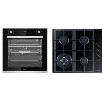 Samus Pachet Samus ONL32 Cuptor incorporabil Samus SCE828GCF3D, 80 l, 2500 W, 8 functii, Clasa A, Gatire 3D, Grill, Ventilator, Timer digital + Plita incorporabila Samus PSG-64SG4, 4 Arzatoare, Aprindere electrica, Siguranta, Negru