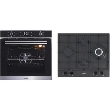 Samus Pachet Samus ONL37 Cuptor incorporabil Samus SC625GDX5, Electric, 75 L, 5 functii + Plita incorporabila SAMUS PSG-64SMGN2, Gaz, 4 arzatoare, Gratare din fonta, Aprindere electrica, Sticla mata, 58 cm,Negru-Inox