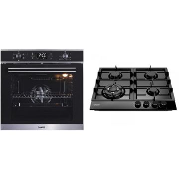 Samus Pachet Samus ONL38 Cuptor incorporabil Samus SC625GDX5, Electric, 75 L, 5 functii (Negru/Inox) + Plita incorporabila PSG-64SMB1, 4 arzatoare pe gaz, 1 arzator triplu, Montata pentru gaz natural, Negru