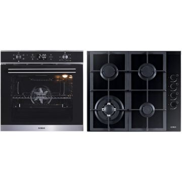 Samus Pachet Samus ONL4 Cuptor incorporabil Samus SC625GDX5, Electric, 75 L, 5 functii + Plita incorporabila Samus PSG-64SG4, 4 Arzatoare, Aprindere electrica, Siguranta, Negru