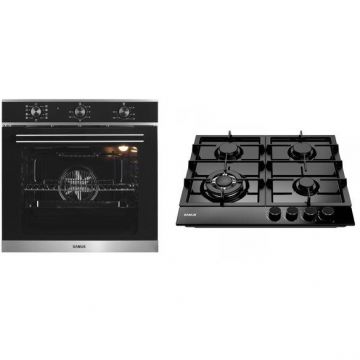 Samus Pachet Samus ONL8 Cuptor incorporabil Samus SC628GX9, 2800 W, 75 l, 9 Functii, Grill, Clasa A + Plita incorporabila PSG-64SMB1, 4 arzatoare pe gaz, 1 arzator triplu, Montata pentru gaz natural, Negru